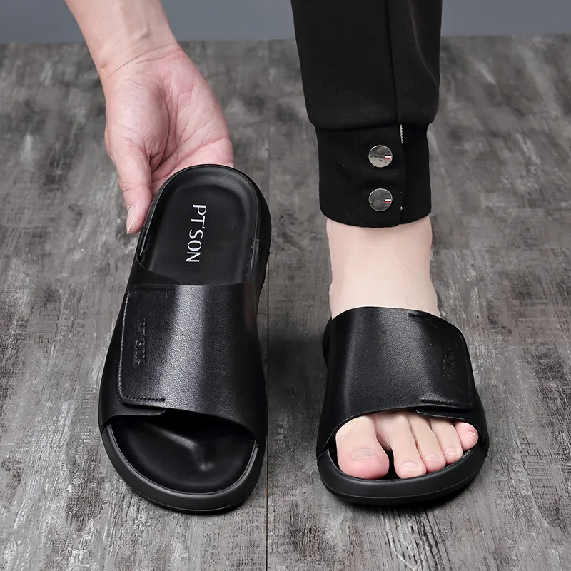 PT'SON PU Polyurethane Cut Out Slip Resistant Slide Slippers Men's Black-5