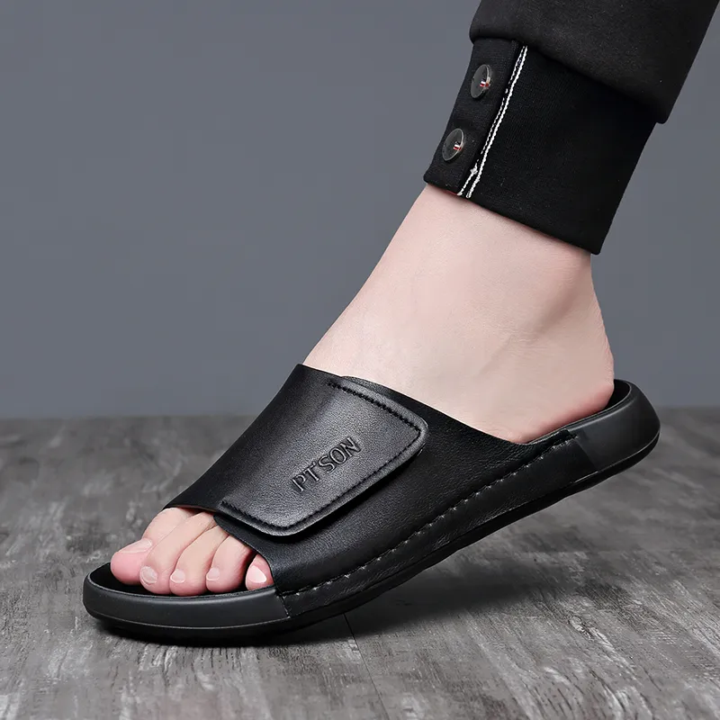 PT'SON PU Polyurethane Cut Out Slip Resistant Slide Slippers Men's Black-4