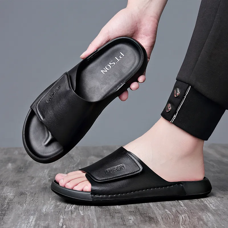 PT'SON PU Polyurethane Cut Out Slip Resistant Slide Slippers Men's Black-3