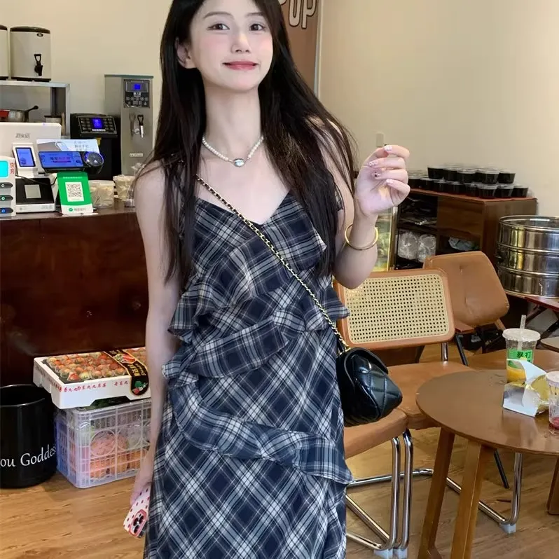 Dior Beauty Slip Dresses Women's Black Plaid-4