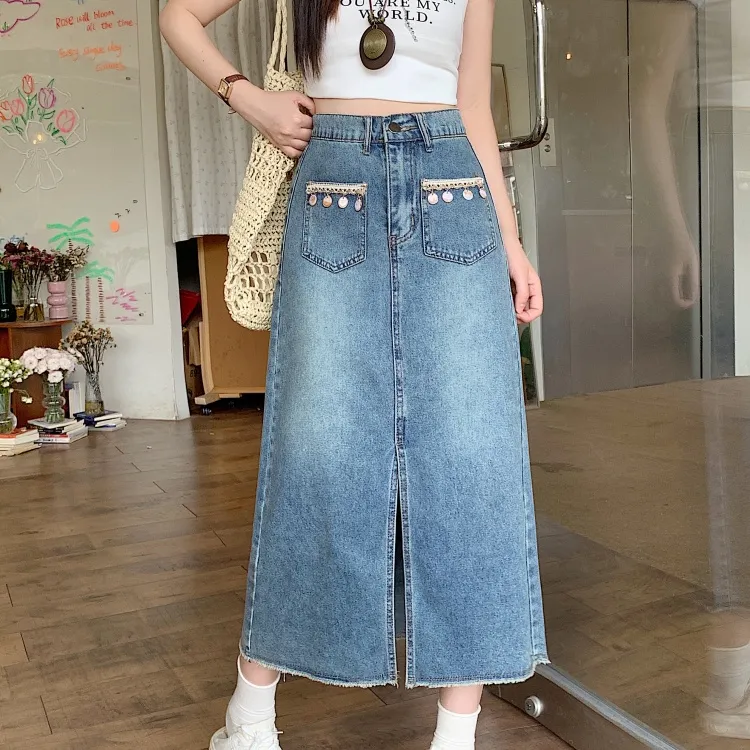/ Denim Long Skirts Women's Blue+Bowknot Hair Tie Comes With-2