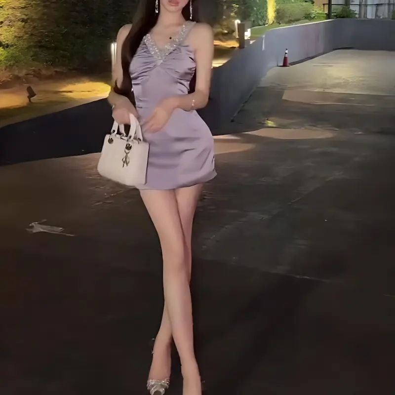XUOIZA Slip Dress Women's Light Purple+Bowknot Hair Tie Comes With-2
