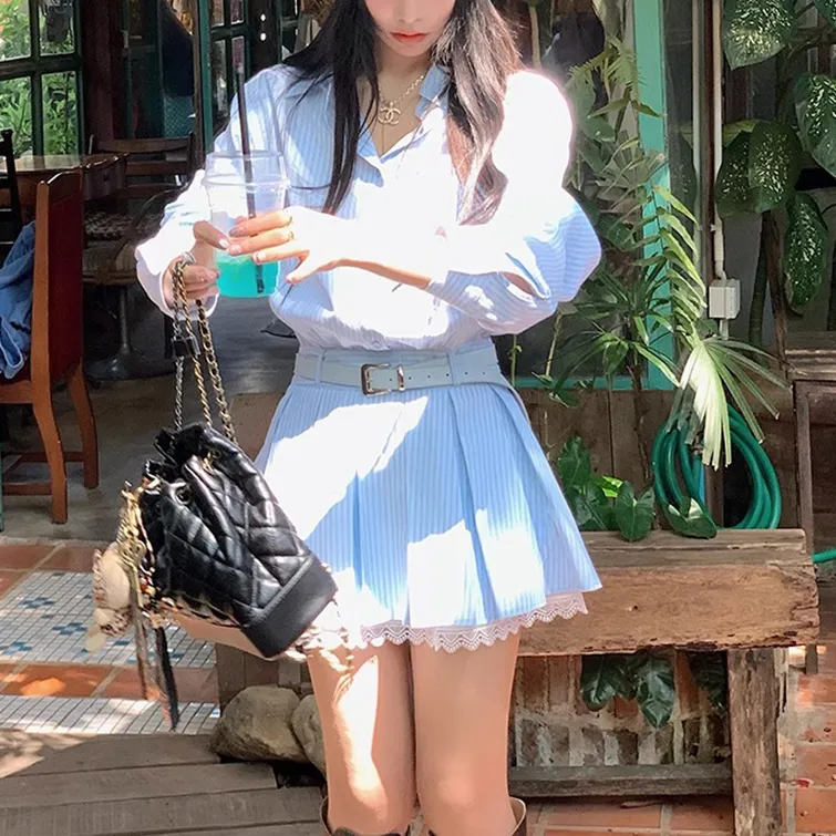 XUOIZA Long Sleeved Dress Women's Blue With Belt/Bowknot Hair Tie Comes With-6