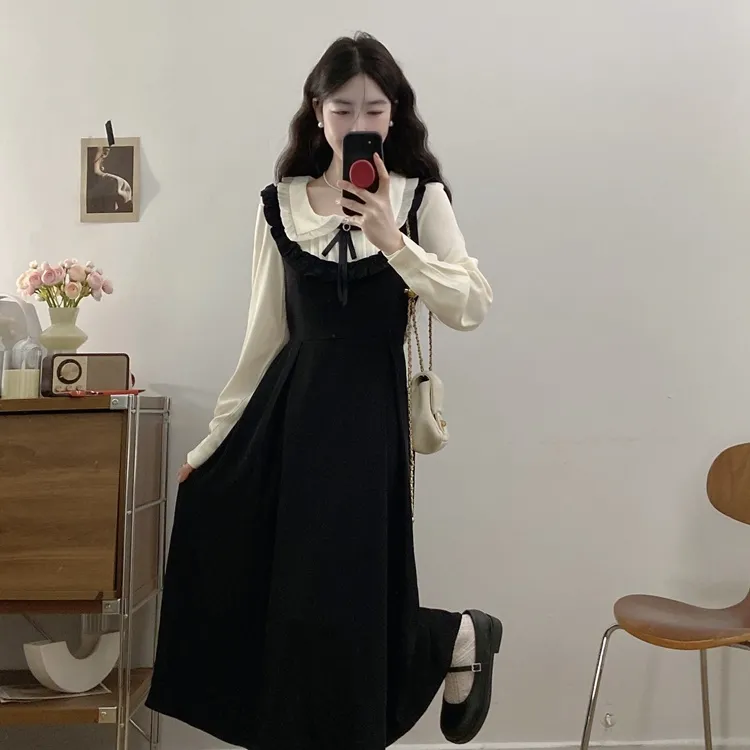 XUOIZA Long Sleeved Dress Women's Black White+Bowknot Hair Tie Comes With-3