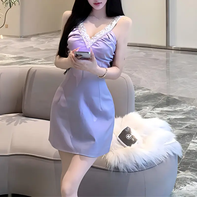 XUOIZA Slip Dress Women's Light Purple+Bowknot Hair Tie Comes With-4