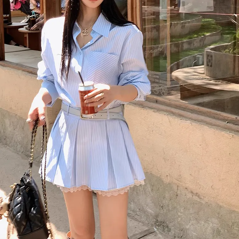 XUOIZA Long Sleeved Dress Women's Blue With Belt/Bowknot Hair Tie Comes With-3