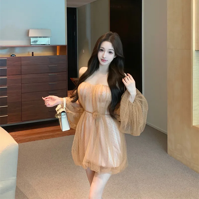 XUOIZA Long Sleeved Dresses Women's Milk Coffee+Lace Up Floral+Bowknot Hair Tie Comes With-4