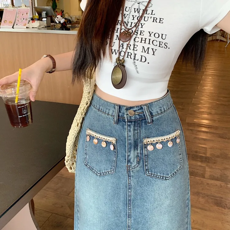 / Denim Long Skirts Women's Blue+Bowknot Hair Tie Comes With-5