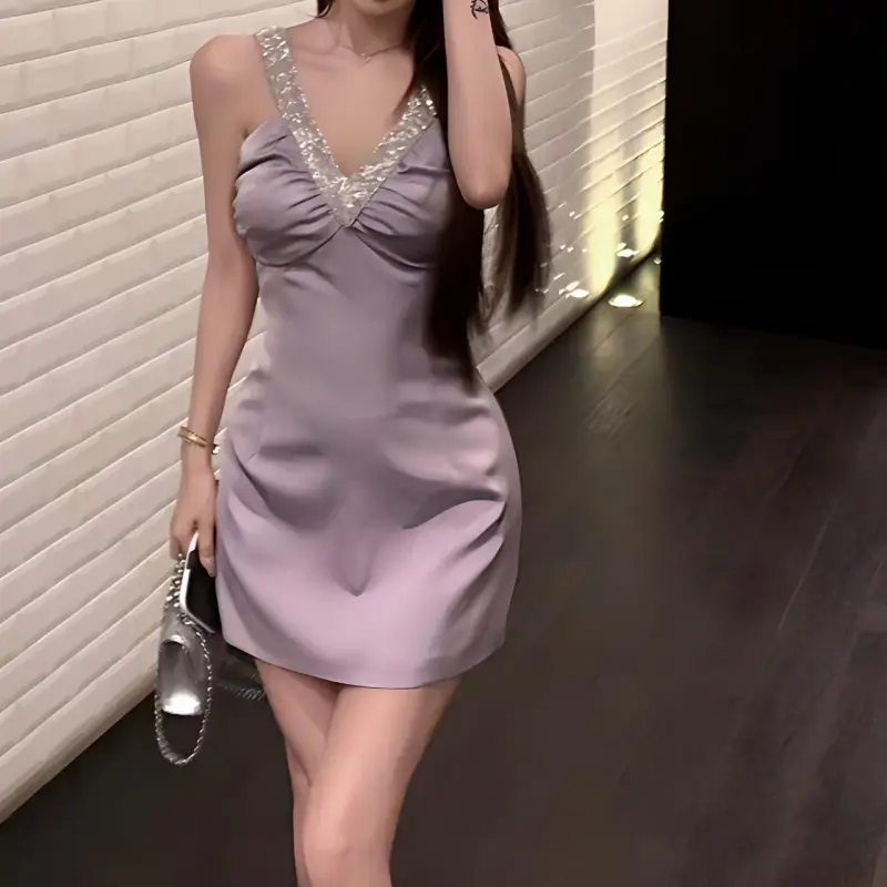XUOIZA Slip Dress Women's Light Purple+Bowknot Hair Tie Comes With-5