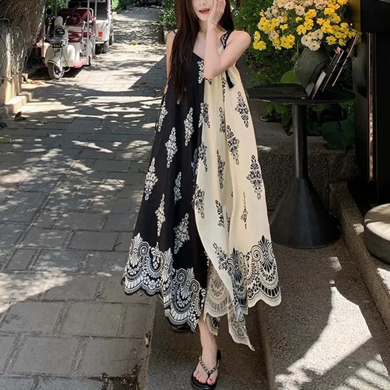 XUOIZA Slip Dresses Women's Black White Long+Bowknot Hair Tie Comes With-4