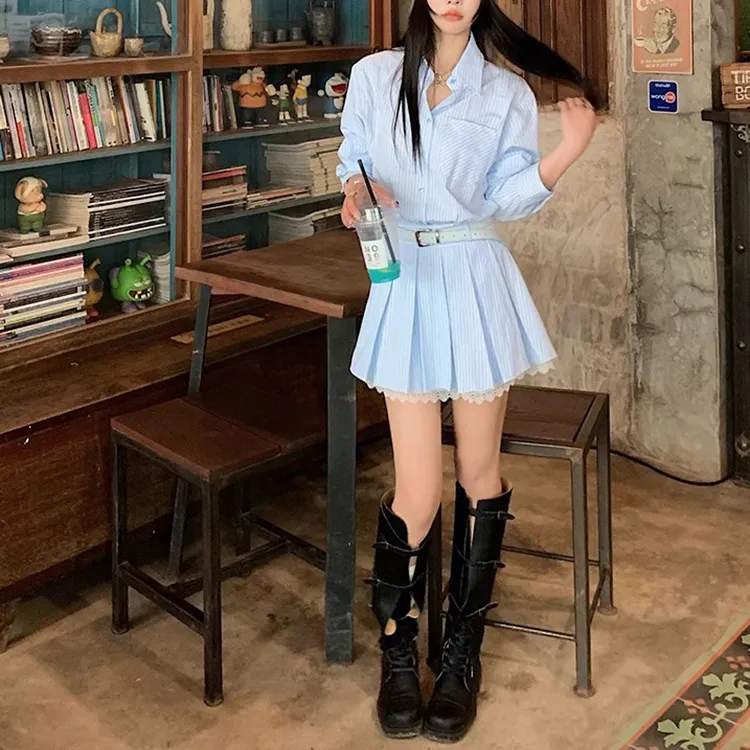 XUOIZA Long Sleeved Dress Women's Blue With Belt/Bowknot Hair Tie Comes With-2