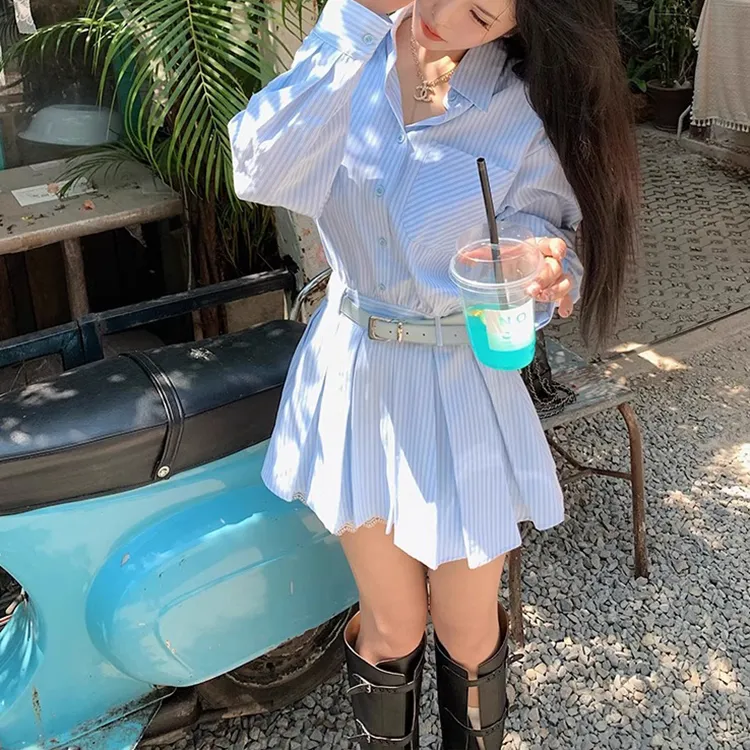 XUOIZA Long Sleeved Dress Women's Blue With Belt/Bowknot Hair Tie Comes With-5