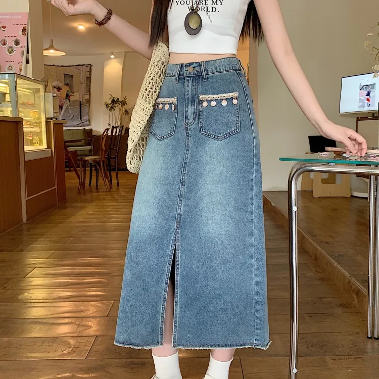 / Denim Long Skirts Women's Blue+Bowknot Hair Tie Comes With-3