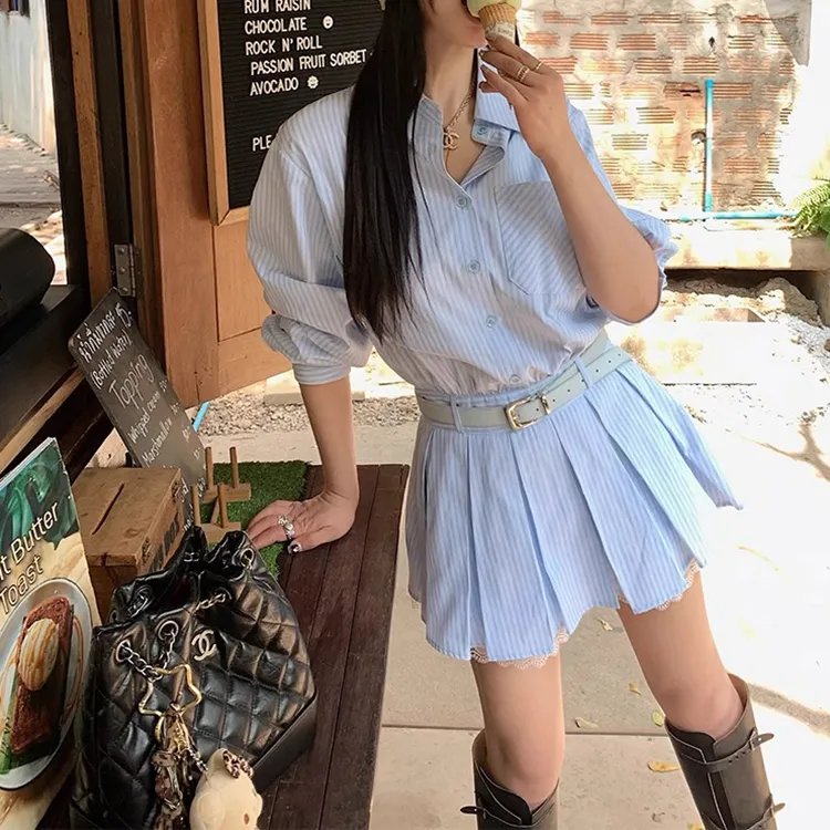 XUOIZA Long Sleeved Dress Women's Blue With Belt/Bowknot Hair Tie Comes With-4