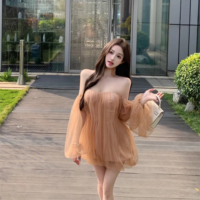 XUOIZA Long Sleeved Dresses Women's Milk Coffee+Lace Up Floral+Bowknot Hair Tie Comes With-2