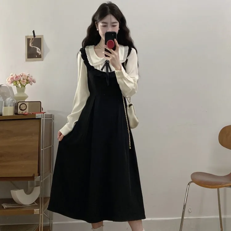 XUOIZA Long Sleeved Dress Women's Black White+Bowknot Hair Tie Comes With-5