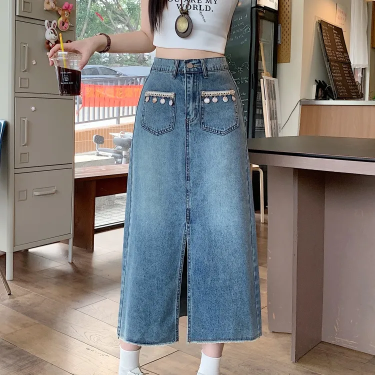 / Denim Long Skirts Women's Blue+Bowknot Hair Tie Comes With-4