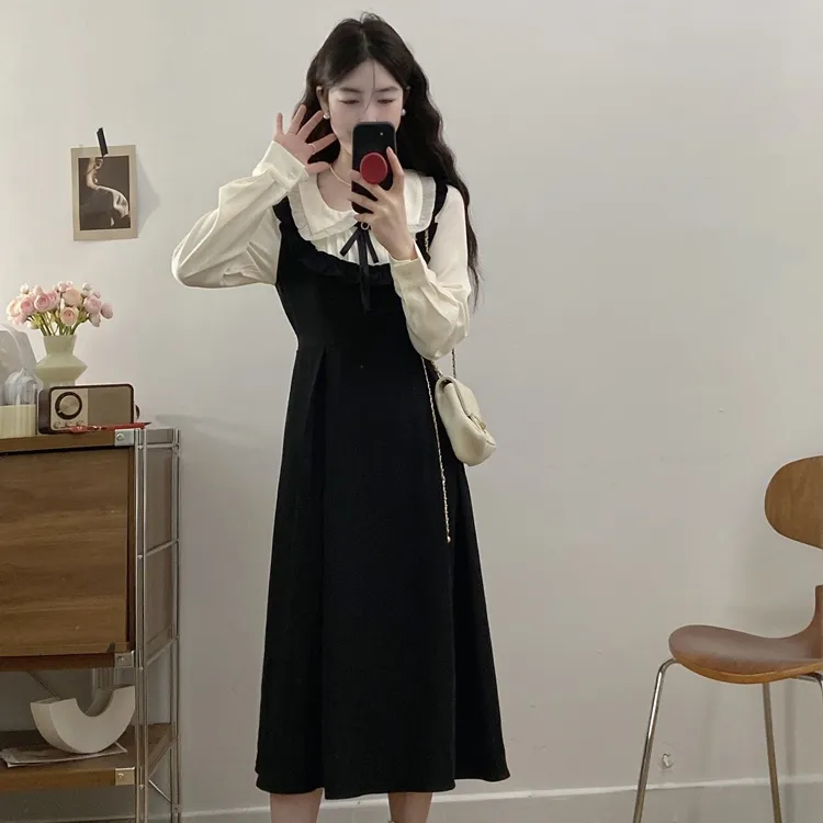 XUOIZA Long Sleeved Dress Women's Black White+Bowknot Hair Tie Comes With-6