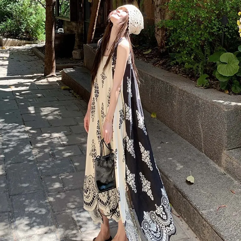 XUOIZA Slip Dresses Women's Black White Long+Bowknot Hair Tie Comes With-6