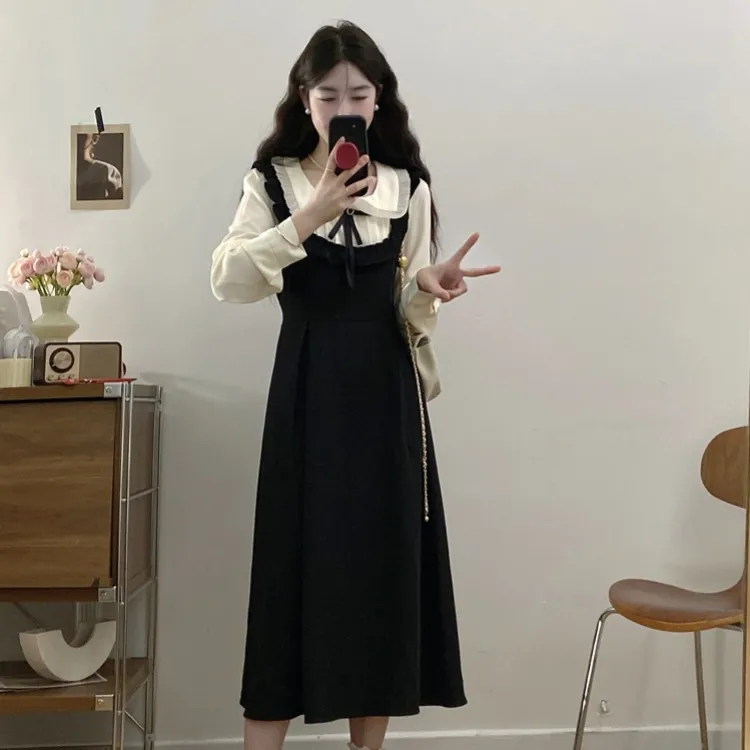 XUOIZA Long Sleeved Dress Women's Black White+Bowknot Hair Tie Comes With-4