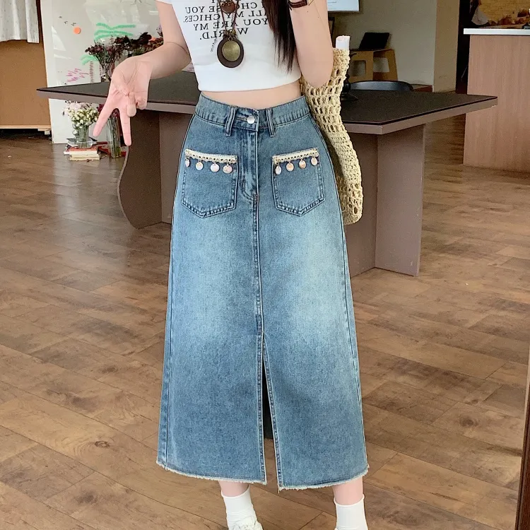 / Denim Long Skirts Women's Blue+Bowknot Hair Tie Comes With-6