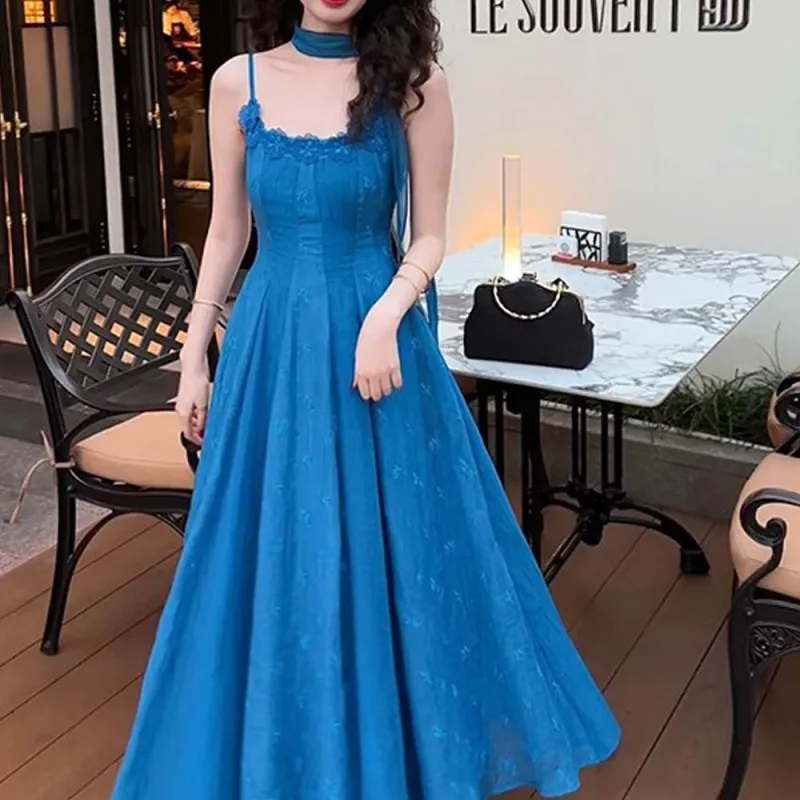 XUOIZA Slip Dresses Women's Comes With Blue Silk Scarf Brooch+Bowknot Hair Tie-5