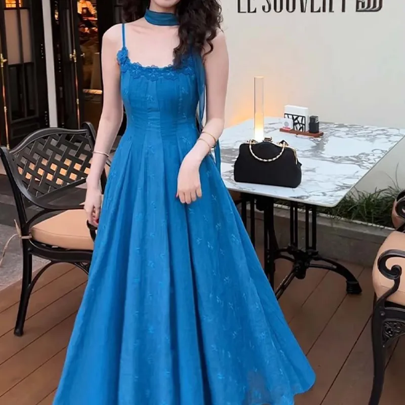 XUOIZA Slip Dresses Women's Comes With Blue Silk Scarf Brooch+Bowknot Hair Tie-3