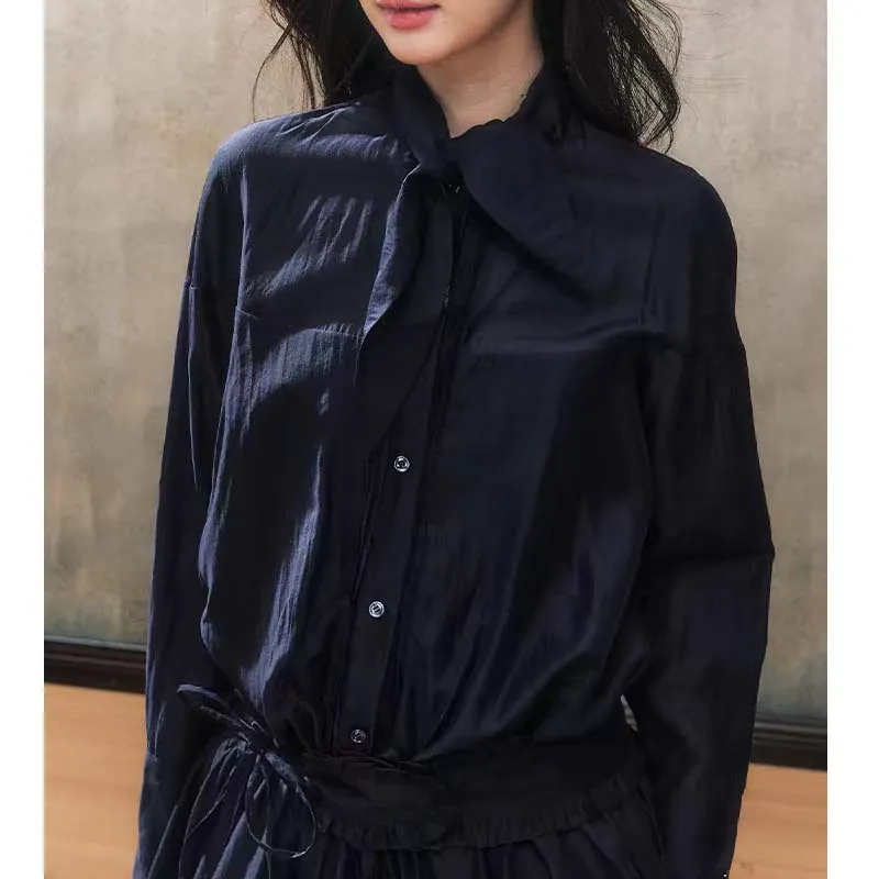 XUOIZA Long Sleeved Dress Women's Dark Blue+Bowknot Hair Tie Comes With-2