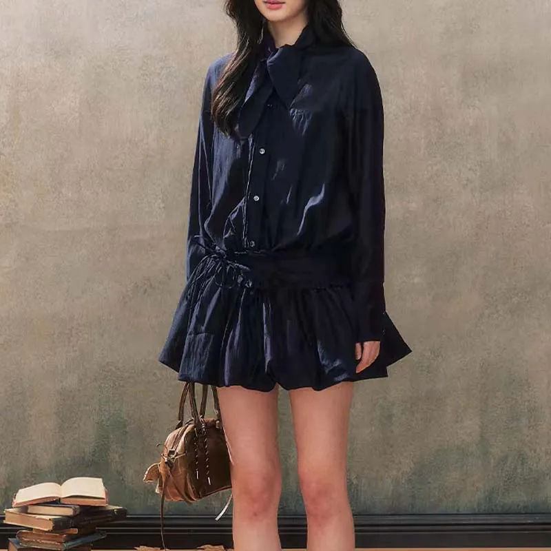 XUOIZA Long Sleeved Dress Women's Dark Blue+Bowknot Hair Tie Comes With-6