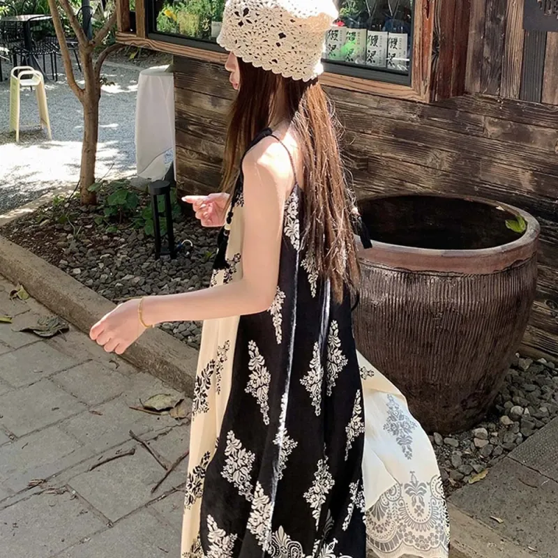 XUOIZA Slip Dresses Women's Black White Long+Bowknot Hair Tie Comes With-3
