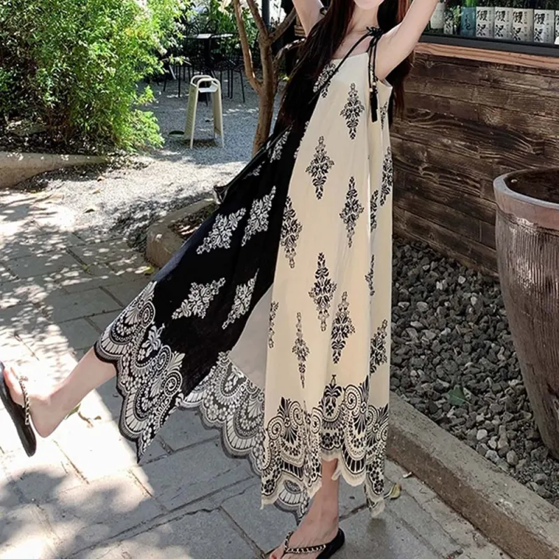 XUOIZA Slip Dresses Women's Black White Long+Bowknot Hair Tie Comes With-5