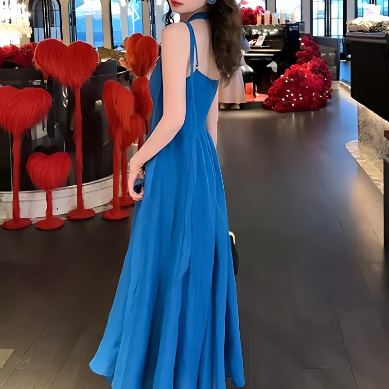 XUOIZA Slip Dresses Women's Comes With Blue Silk Scarf Brooch+Bowknot Hair Tie-4