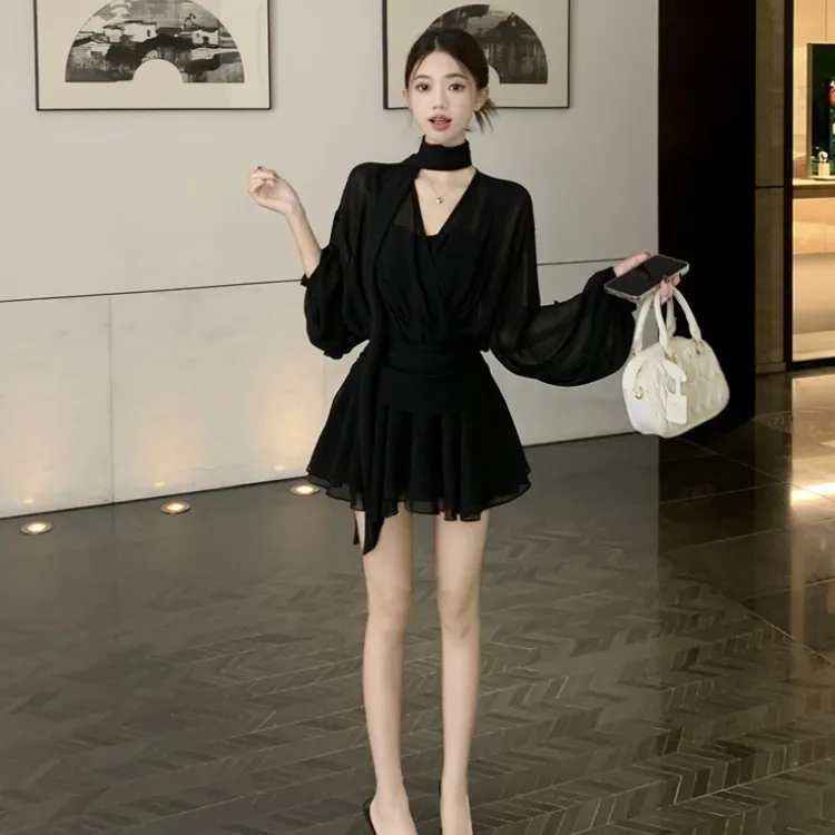 XUOIZA Long Sleeved Dress Women's Black+Bowknot Hair Tie Comes With-3