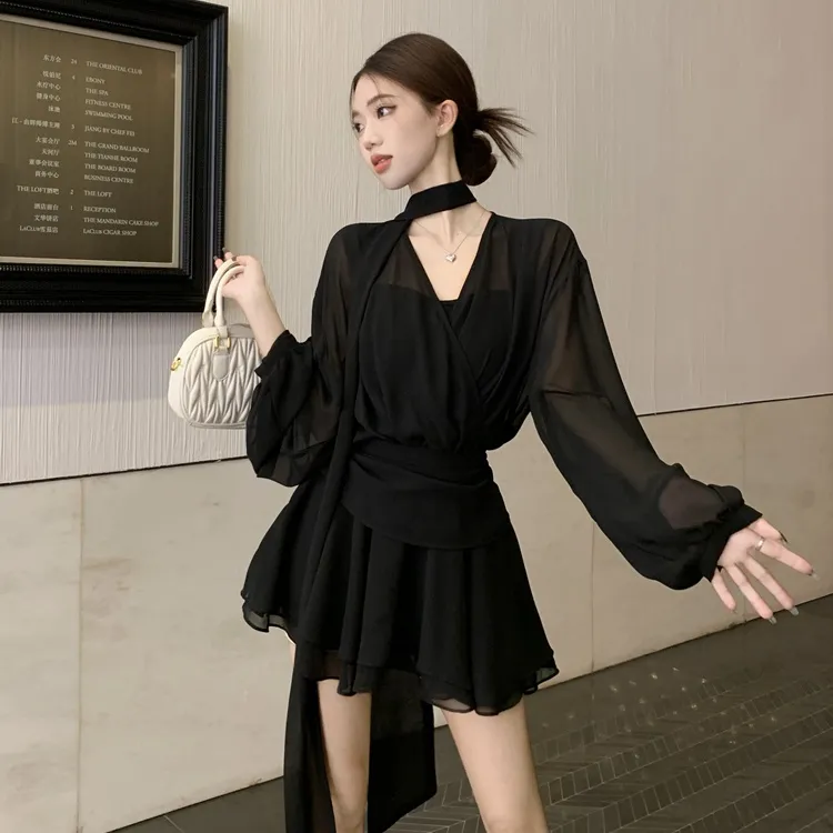 XUOIZA Long Sleeved Dress Women's Black+Bowknot Hair Tie Comes With-4