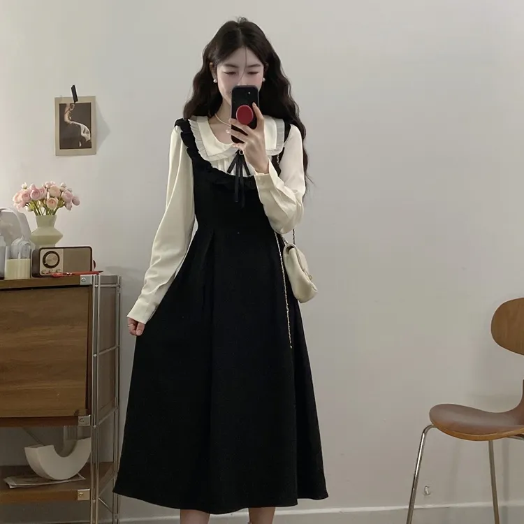 XUOIZA Long Sleeved Dress Women's Black White+Bowknot Hair Tie Comes With-2