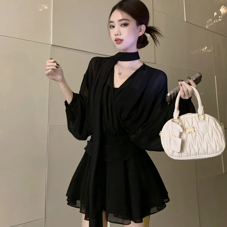XUOIZA Long Sleeved Dress Women's Black+Bowknot Hair Tie Comes With-6