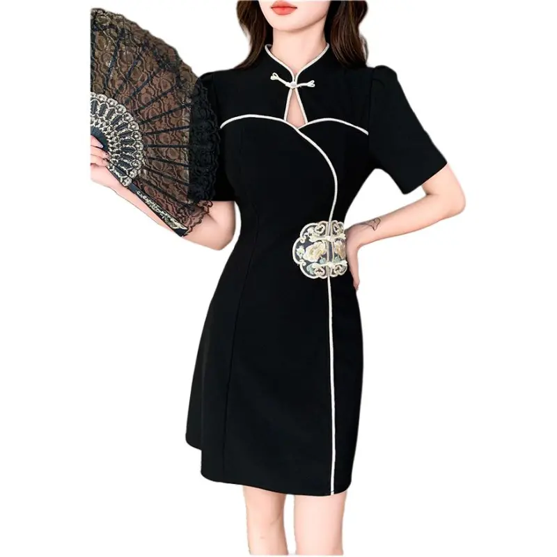 KUNZHUDAXIANG Short Sleeved Dresses Women's Black-1