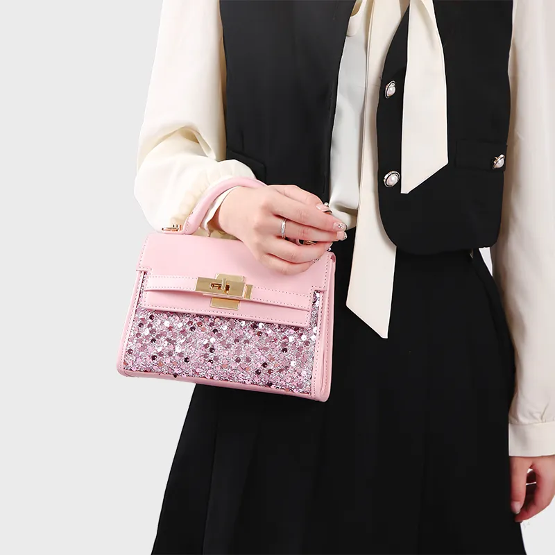 JANITINO PU One Shoulder Handbag Women's Pearl Sequin Pink-4