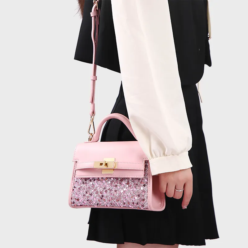 JANITINO PU One Shoulder Handbag Women's Pearl Sequin Pink-6