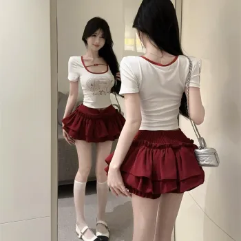 Mu Xiao Xin Skirt Set Women's White Top, Red Skirt