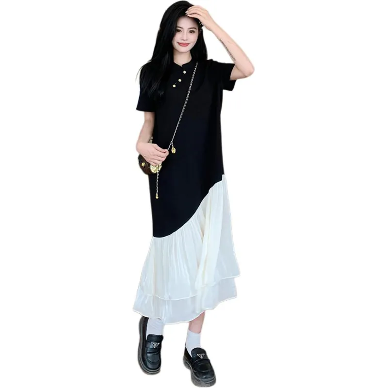 Mu Xiao Xin Short Sleeved Dress Women's Black & Mesh Yarn-2