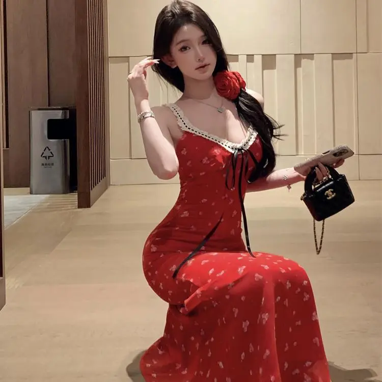 Mu Xiao Xin Slip Dresses Women's Red-4