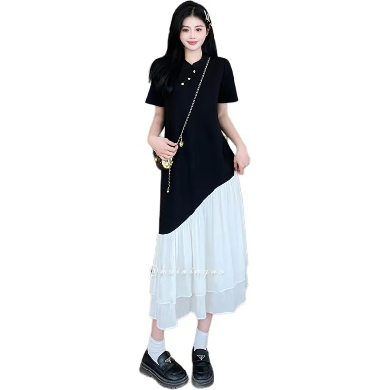 Mu Xiao Xin Short Sleeved Dress Women's Black & Mesh Yarn-4