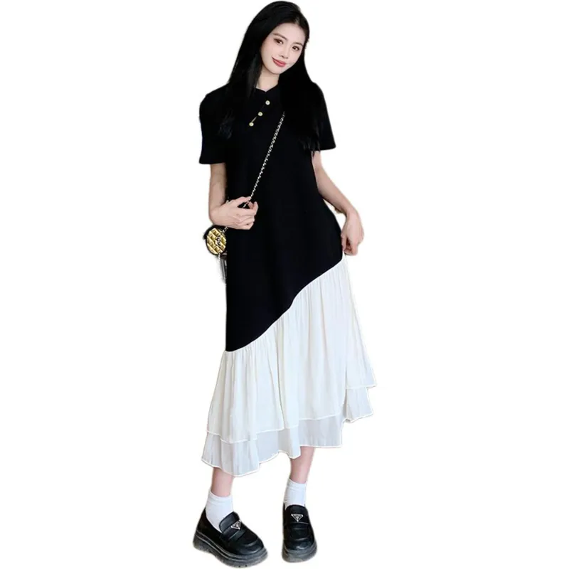 Mu Xiao Xin Short Sleeved Dress Women's Black & Mesh Yarn-3