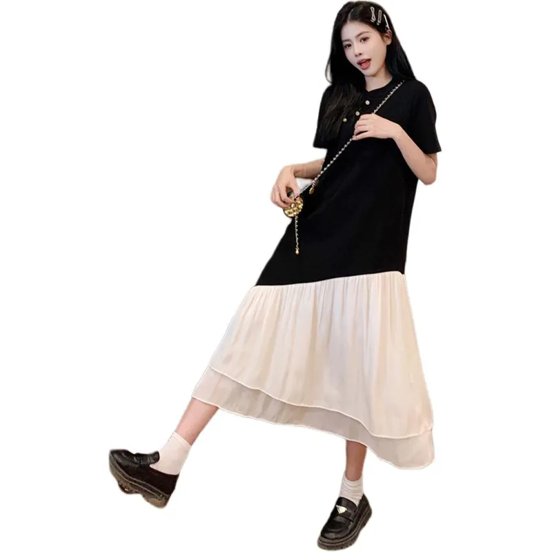 Mu Xiao Xin Short Sleeved Dress Women's Black & Mesh Yarn-1