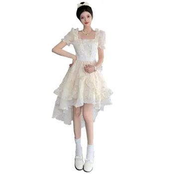 Mu Xiao Xin Short Sleeved Dress Women's Beige Apricot