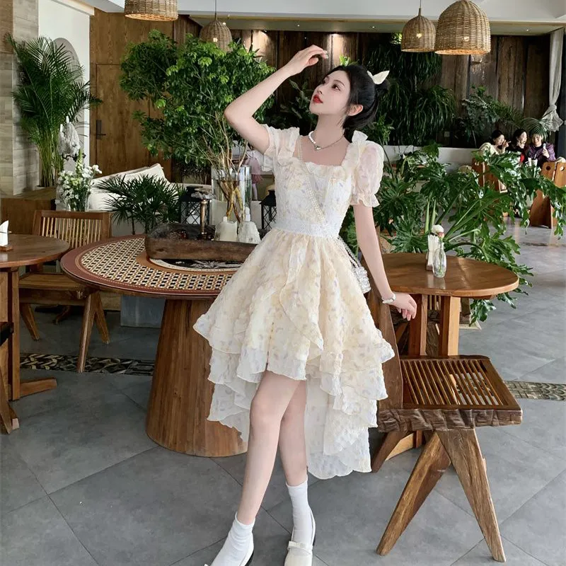 Mu Xiao Xin Short Sleeved Dress Women's Beige Apricot-2