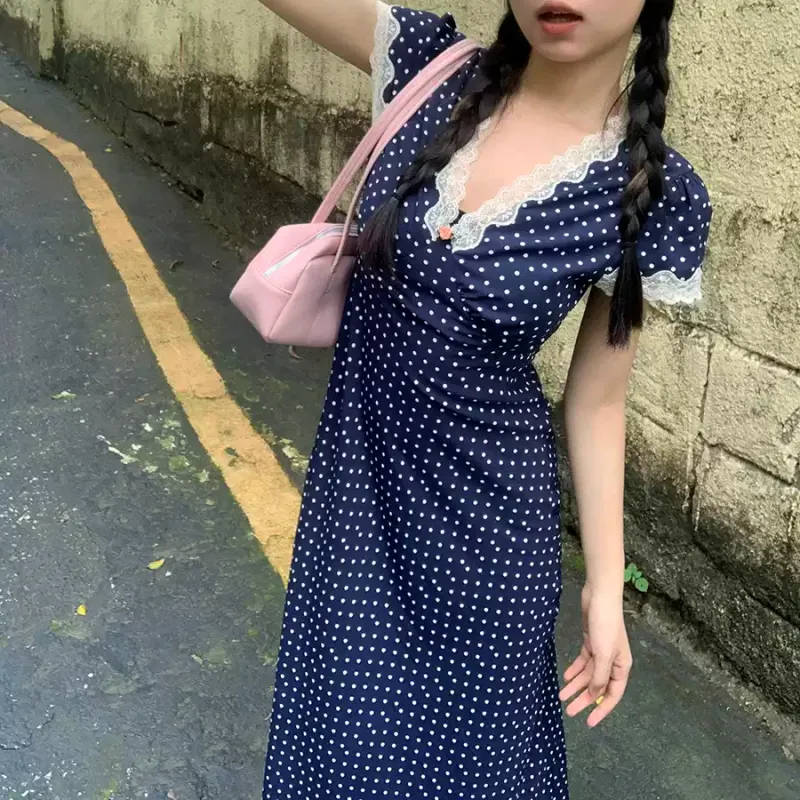 Mu Xiao Xin Short Sleeved Dress Women's Navy Blue-4