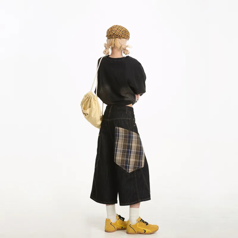 SOIE Denim Shorts Unisex Black Gray Coffee Plaid-1