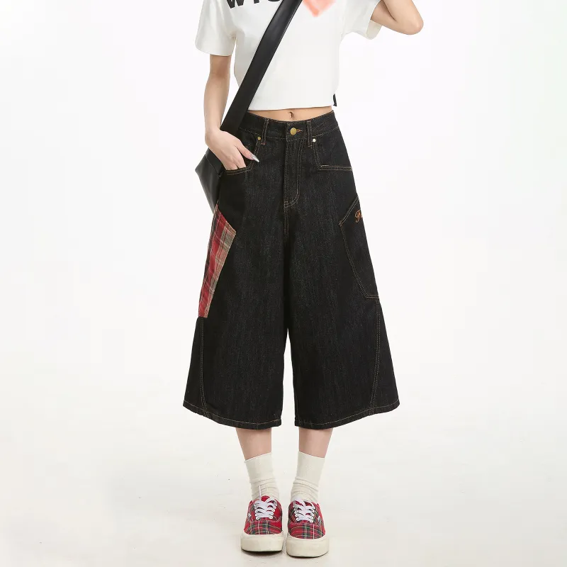 SOIE Denim Shorts Unisex Black Gray Coffee Plaid-4